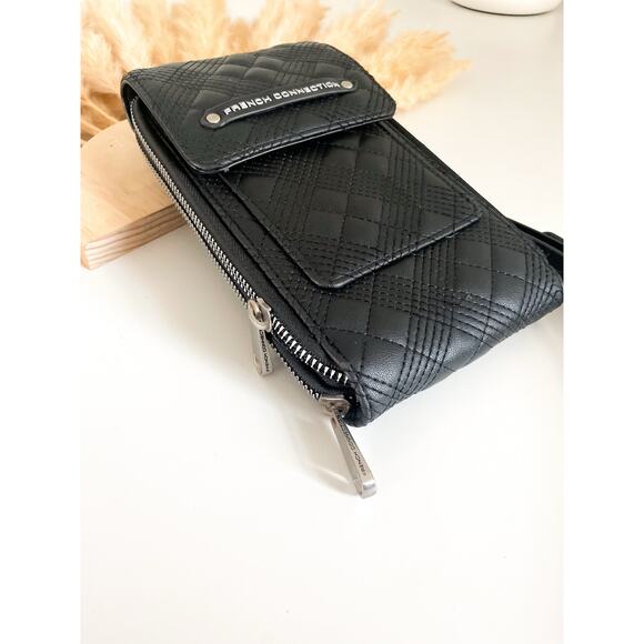 French Connection Black Quilted Crossbody Bag Faux Leather Wallet Phone Holder - Picture 4 of 10